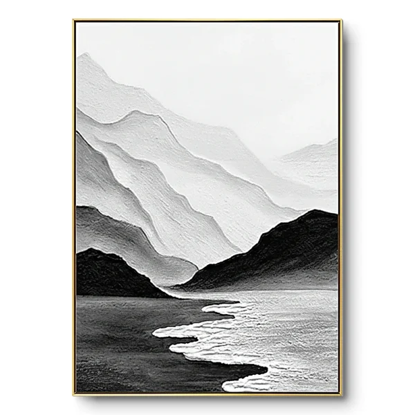 Minimalist painting of layered mountain silhouettes fading from black to grey with a winding white river, gold thin frame