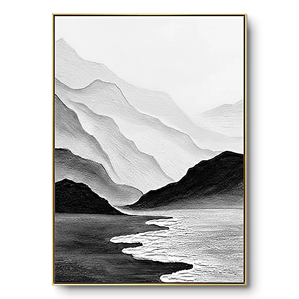 Minimalist painting of layered mountain silhouettes fading from black to grey with a winding white river, gold thin frame