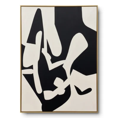 Abstract painting of angular and flowing black and cream cut-paper-like shapes, gold thin frame