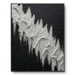 Textured relief of jagged white mountain-peak forms dripping over a black ridged ground, thin dark frame