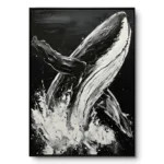Realist painting of a humpback whale leaping with a dramatic splash in black and white, black frame