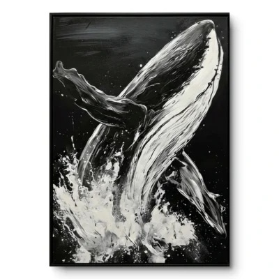 Realist painting of a humpback whale leaping with a dramatic splash in black and white, black frame