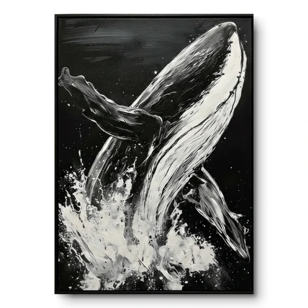 Realist painting of a humpback whale leaping with a dramatic splash in black and white, black frame