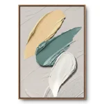 Sculptural relief of three overlapping cream, sage green and white paint-swipe shapes over ribbed lines, natural wood frame