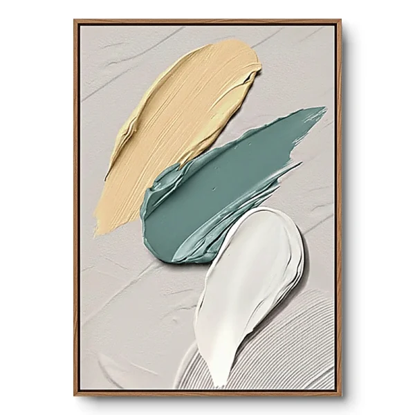 Sculptural relief of three overlapping cream, sage green and white paint-swipe shapes over ribbed lines, natural wood frame