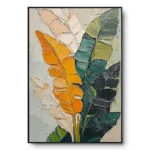 Textured painting of banana leaf fronds split between orange-cream and dark green-olive, black frame