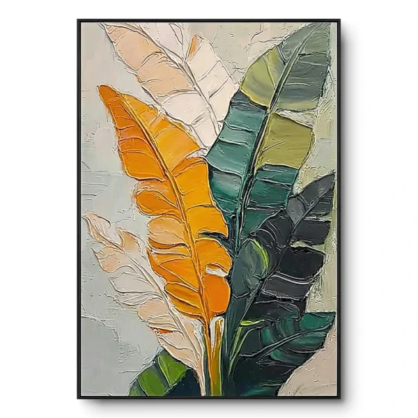 Textured painting of banana leaf fronds split between orange-cream and dark green-olive, black frame