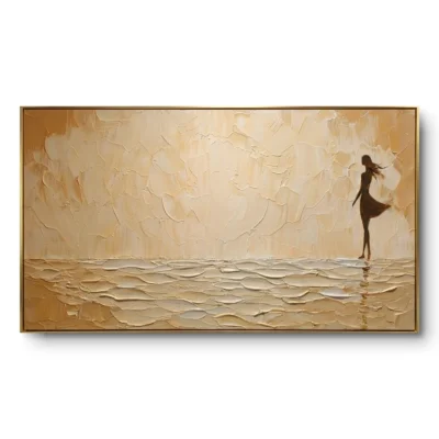 Panoramic ochre palette-knife horizon painting with a small silhouette figure walking along a golden textured shore, slim gold frame.