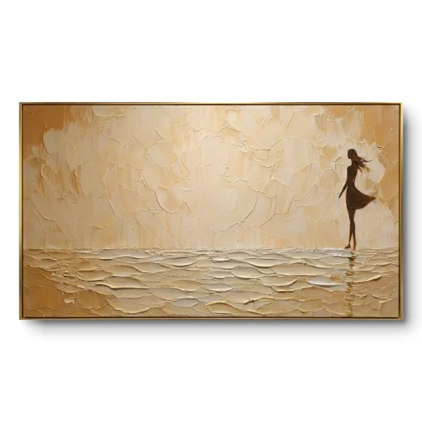 Panoramic ochre palette-knife horizon painting with a small silhouette figure walking along a golden textured shore, slim gold frame.