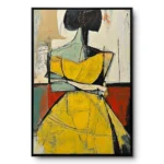 Abstract painting of a figure with crossed arms in a yellow angular dress with teal-red accents, black frame