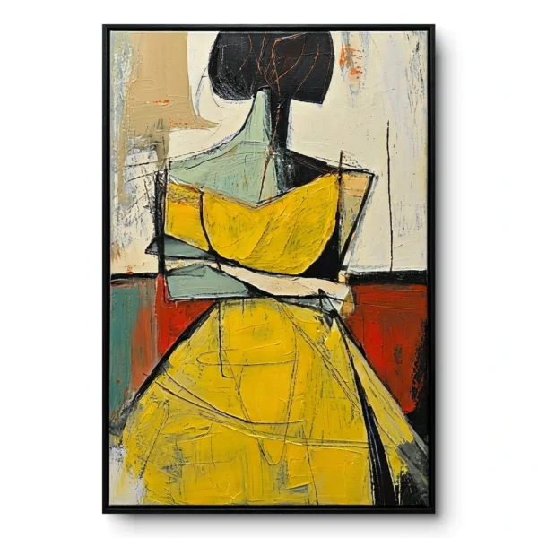 Abstract painting of a figure with crossed arms in a yellow angular dress with teal-red accents, black frame