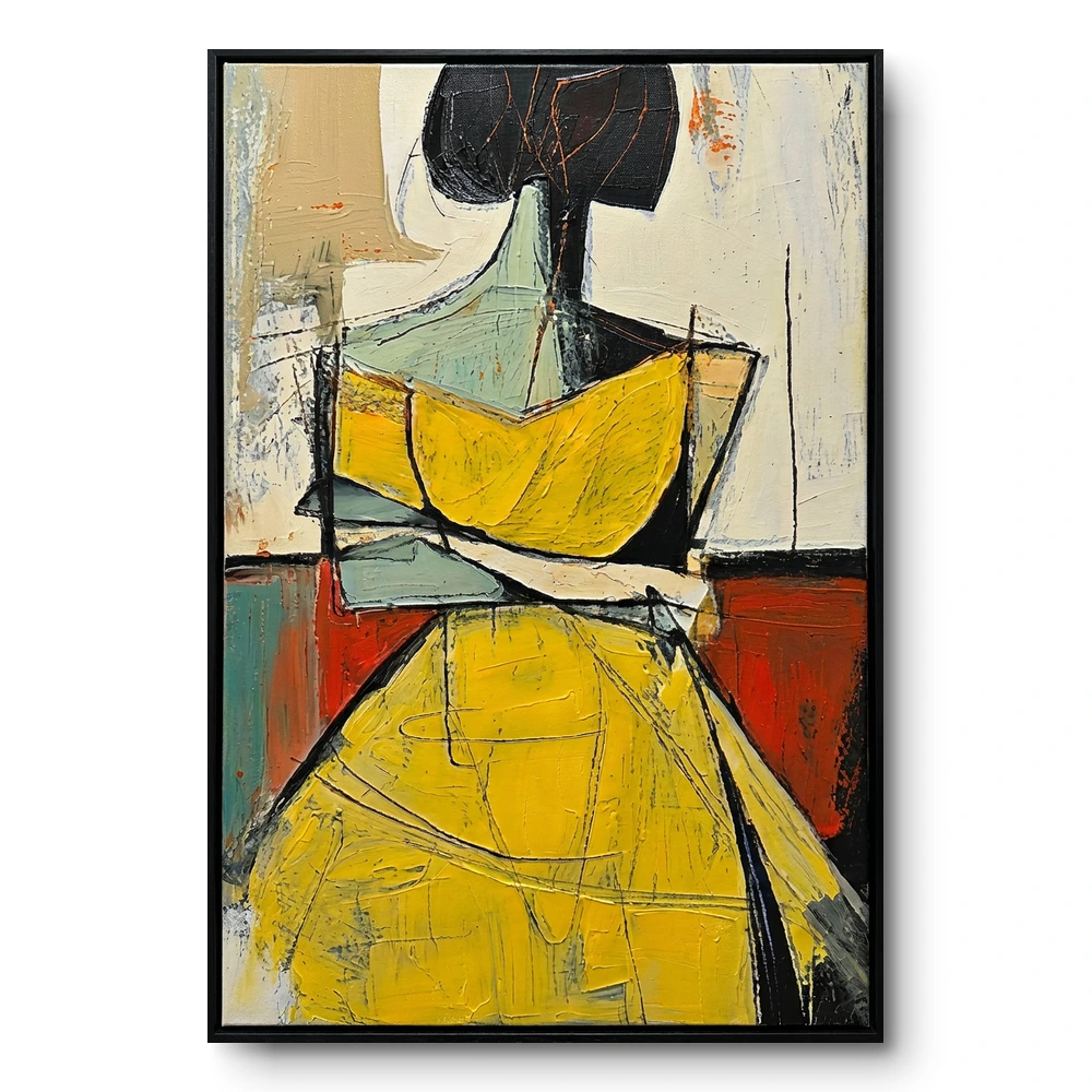 Abstract painting of a figure with crossed arms in a yellow angular dress with teal-red accents, black frame