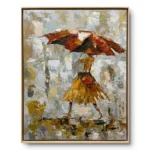 Impressionist painting of a figure under a red-brown umbrella in the rain, light wood frame