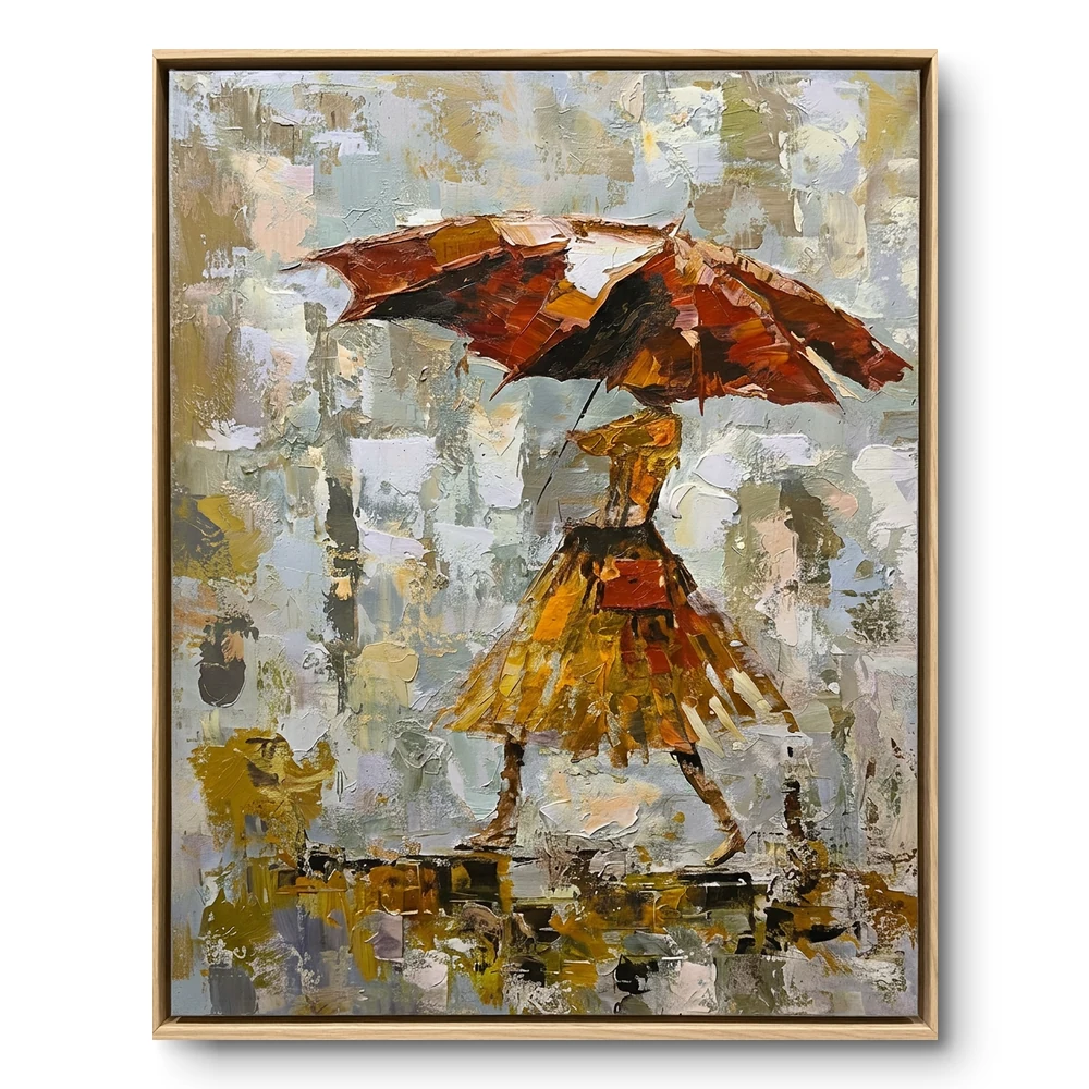 Impressionist painting of a figure under a red-brown umbrella in the rain, light wood frame