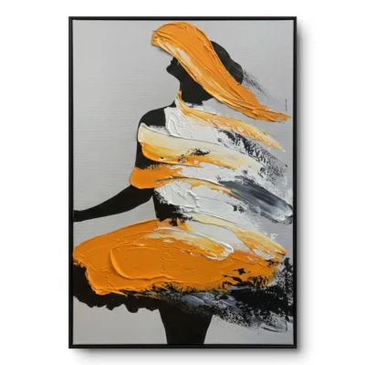 Abstract painting of a black figure silhouette with windblown orange-yellow-grey textured strokes, black frame