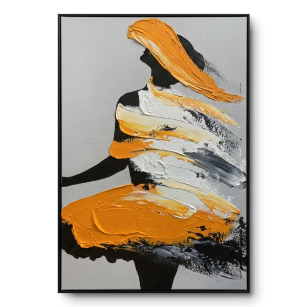 Abstract painting of a black figure silhouette with windblown orange-yellow-grey textured strokes, black frame