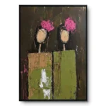 Textured painting of two figures on olive pedestal blocks with pink rose-cluster heads, black frame