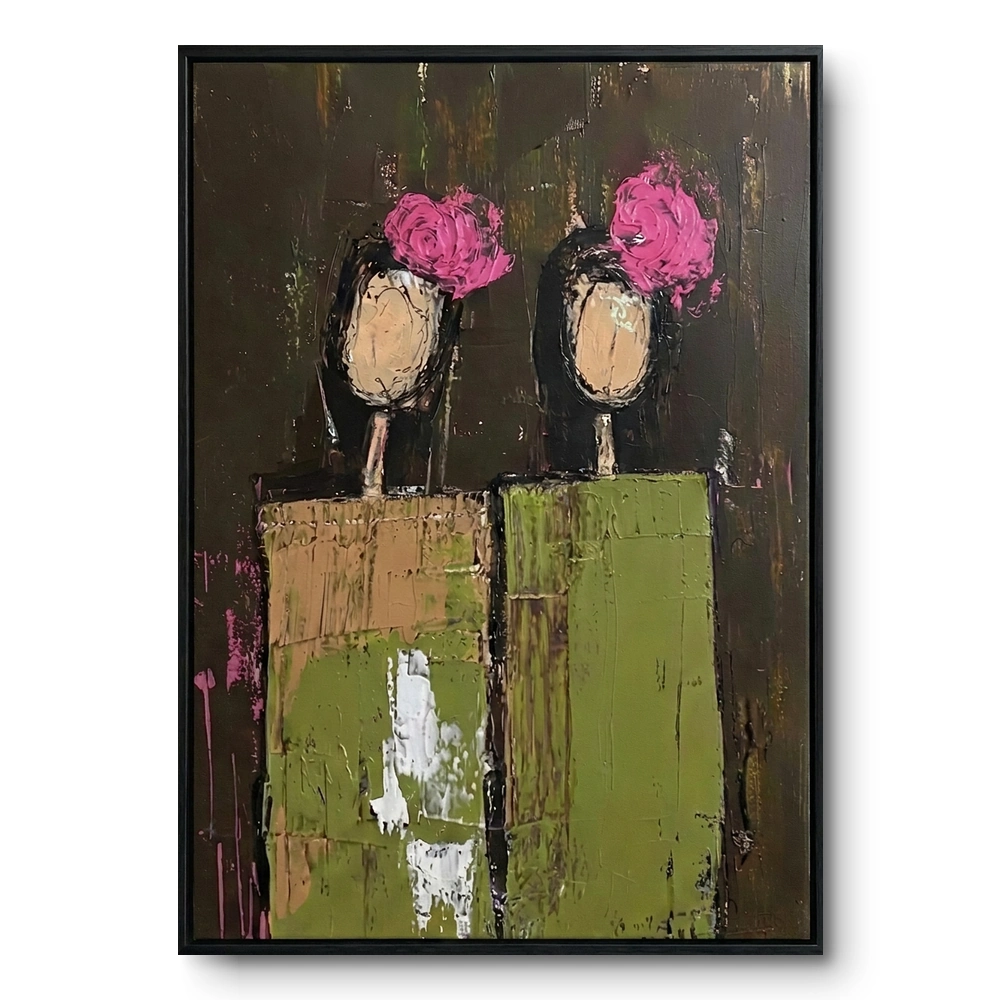 Textured painting of two figures on olive pedestal blocks with pink rose-cluster heads, black frame