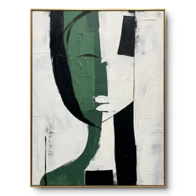Abstract portrait painting, a deconstructed profile face in sage-green, black and white blocks, thin gold frame