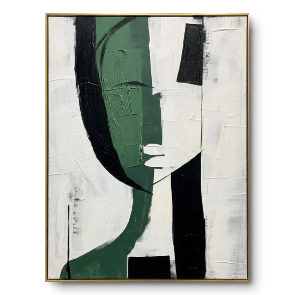 Abstract portrait painting, a deconstructed profile face in sage-green, black and white blocks, thin gold frame