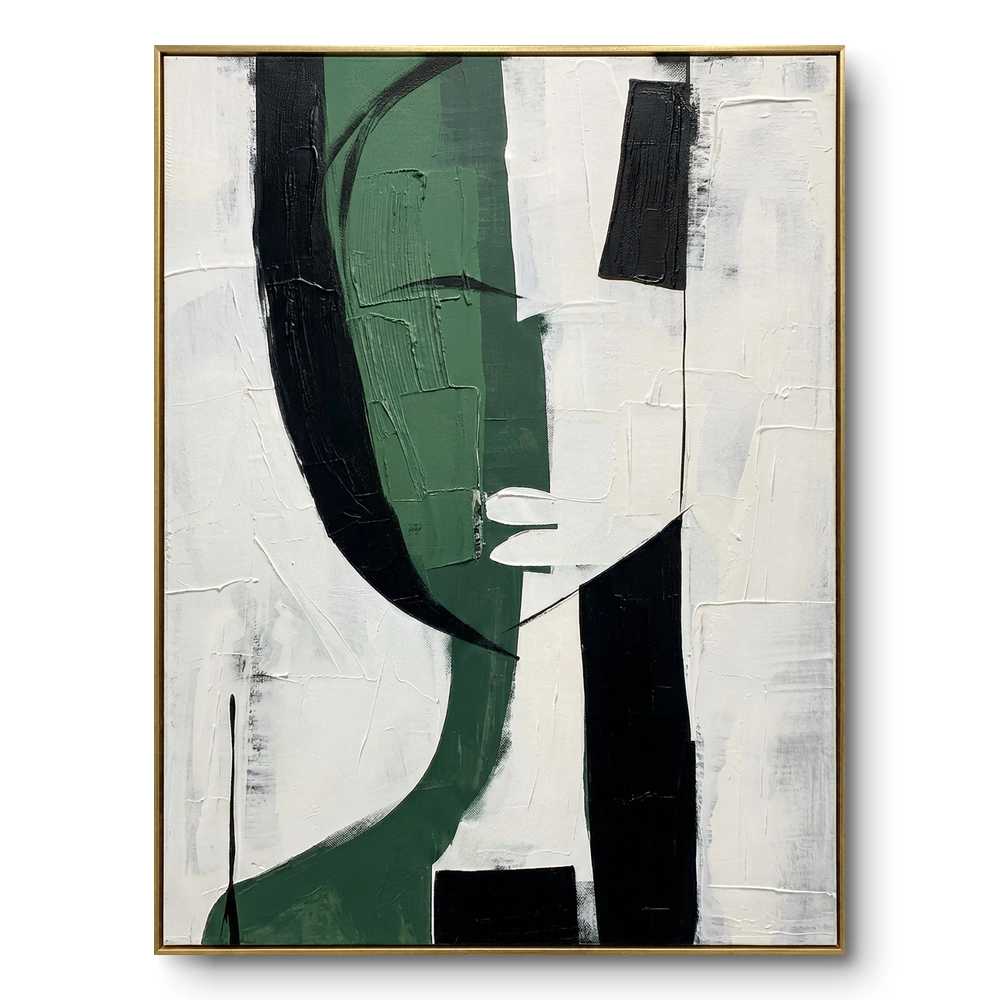 Abstract portrait painting, a deconstructed profile face in sage-green, black and white blocks, thin gold frame