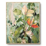Realist painting of pink-orange-cream magnolia-like blooms against pale mint-green foliage, light wood frame