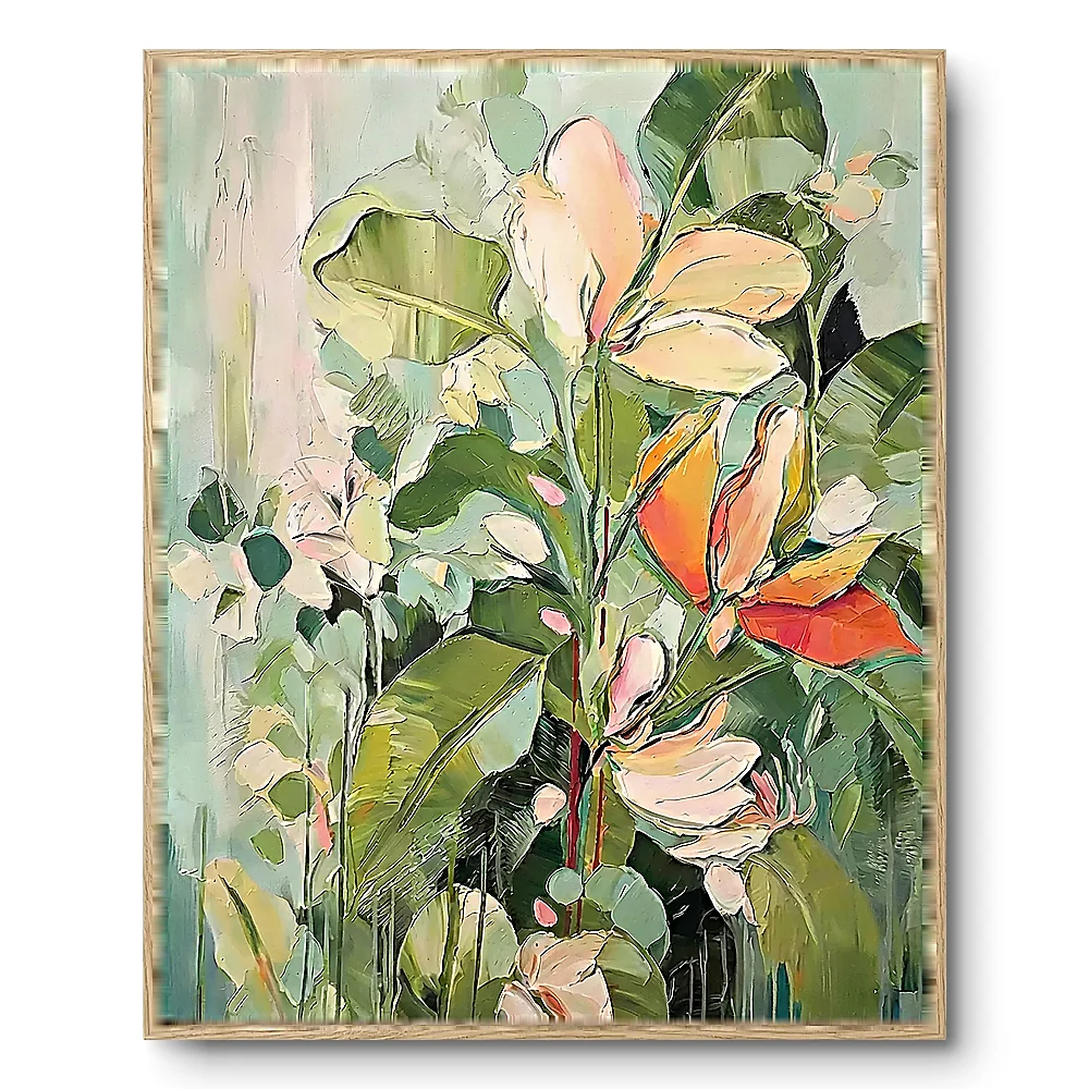 Realist painting of pink-orange-cream magnolia-like blooms against pale mint-green foliage, light wood frame