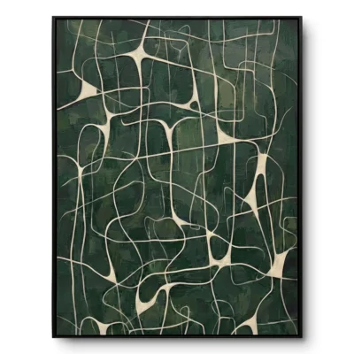 Relief painting of cream tube-like lines interconnecting across a dark green textured ground, black frame