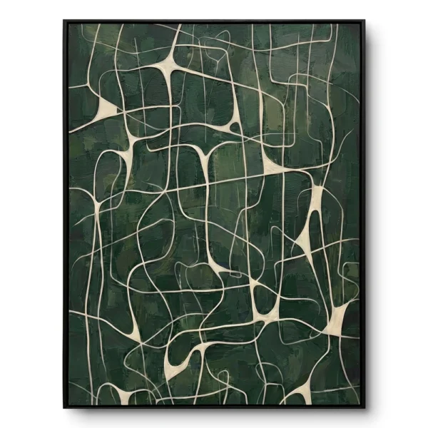 Relief painting of cream tube-like lines interconnecting across a dark green textured ground, black frame