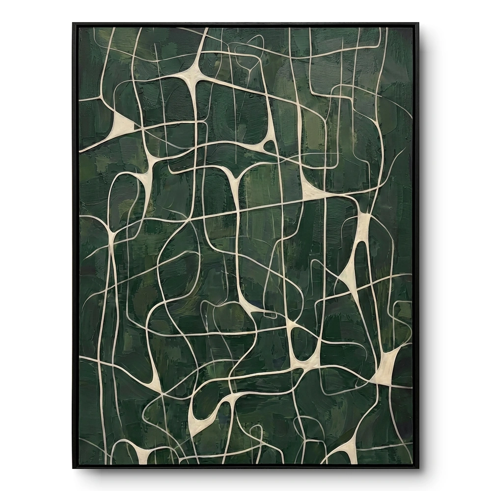 Relief painting of cream tube-like lines interconnecting across a dark green textured ground, black frame
