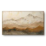 Textured painting of a mountain range with white peaks fading into orange-brown foothills, gold thin frame