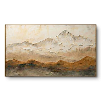 Textured painting of a mountain range with white peaks fading into orange-brown foothills, gold thin frame