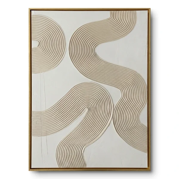 Plaster relief of two spiraling ribbed forms and a wavy S-curve in beige and tan, gold thin frame