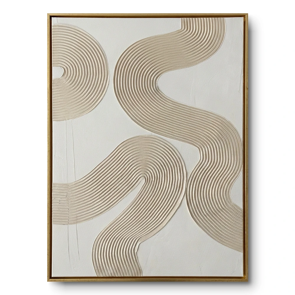 organic-wave-harmony-contemporary-neutral-abstract-wall-art Plaster relief of two spiraling ribbed forms and a wavy S-curve in beige and tan, gold thin frame