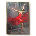 Textured red ballerina painting, dancer arched mid-pirouette in thick palette-knife impasto against a moody grey-purple ground, gold frame.