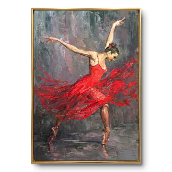 Textured red ballerina painting, dancer arched mid-pirouette in thick palette-knife impasto against a moody grey-purple ground, gold frame.