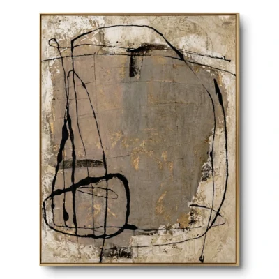 Mixed-media collage with weathered beige-grey texture, black ink line drawings and gold leaf accents, gold thin frame