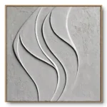 Sculptural relief of smooth grey-white wave-ribbon shapes over textured plaster, natural wood frame
