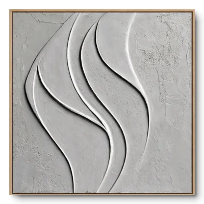 Sculptural relief of smooth grey-white wave-ribbon shapes over textured plaster, natural wood frame