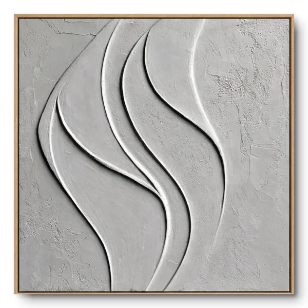 Sculptural relief of smooth grey-white wave-ribbon shapes over textured plaster, natural wood frame