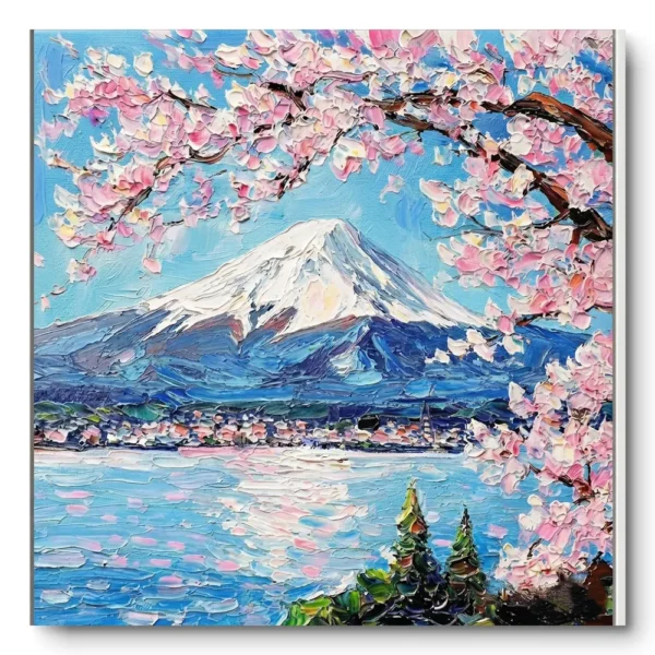 Pink Blossom Peak Pink cherry blossoms over mountain color wall art