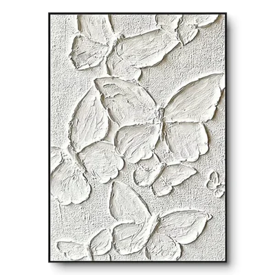 All-white plaster relief of layered overlapping butterfly-wing shapes, black thin frame