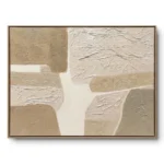 Abstract textured collage of beige, tan and cream blocks with raised branch-like crackle texture, natural wood frame