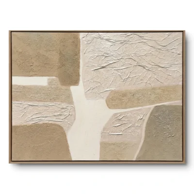 Abstract textured collage of beige, tan and cream blocks with raised branch-like crackle texture, natural wood frame