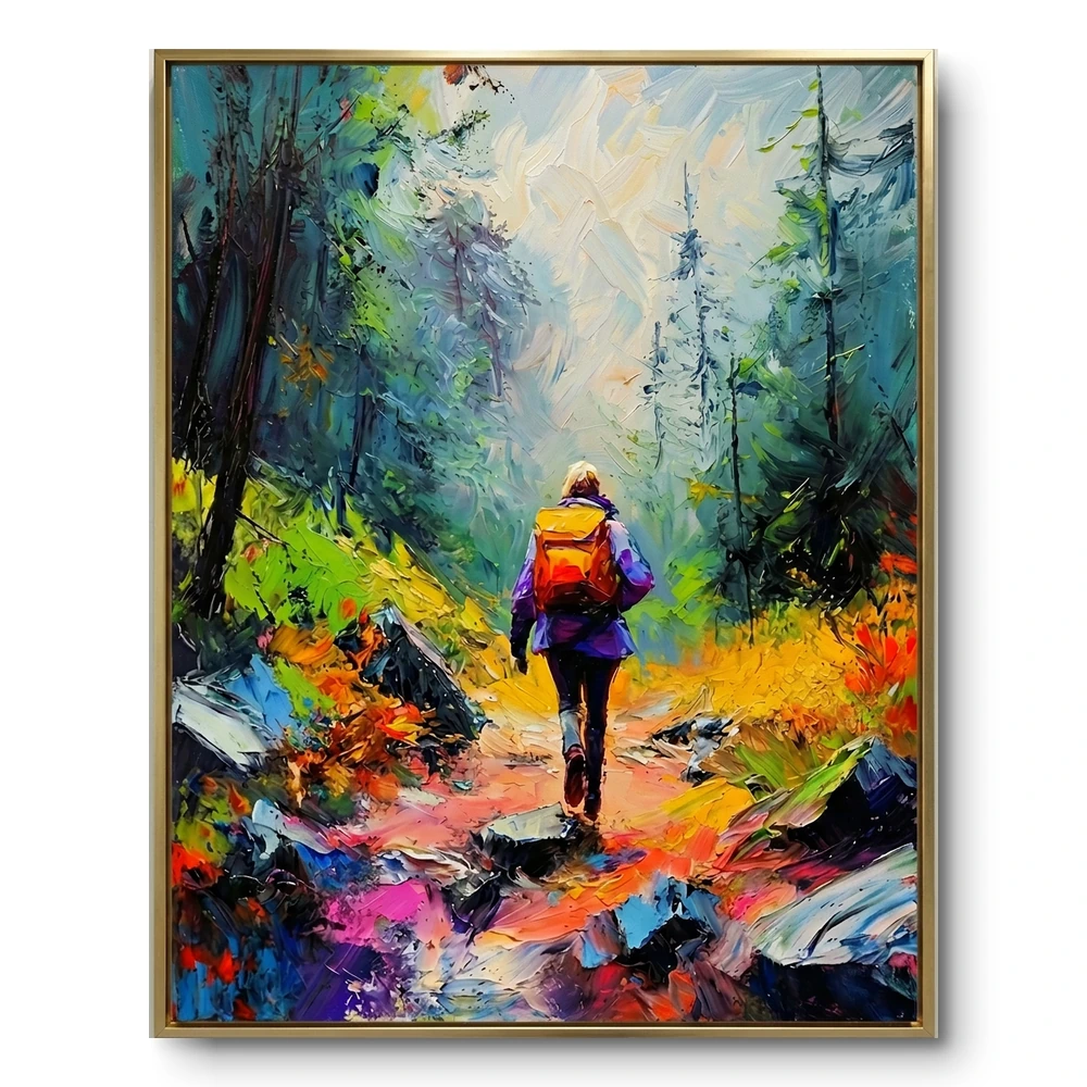 radiant-forest-path-person-with-orange-backpack-color-wall-art Radiant Forest Path Person with orange backpack Color wall art - Image 1