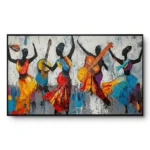 Textured painting of five silhouette musicians playing guitar, banjo and violin in colourful dresses, black frame, panoramic