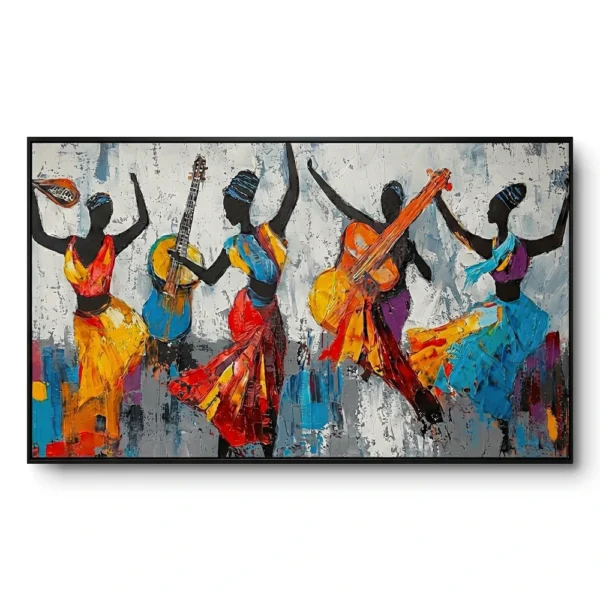 Textured painting of five silhouette musicians playing guitar, banjo and violin in colourful dresses, black frame, panoramic
