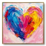 Textured painting of a heart shape filled with blue, pink, yellow and red impasto on pink, gold thin frame