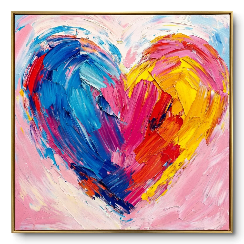 Textured painting of a heart shape filled with blue, pink, yellow and red impasto on pink, gold thin frame