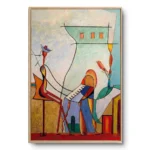 Cubist painting of a musician at a keyboard with a bird on a stem nearby, natural wood frame